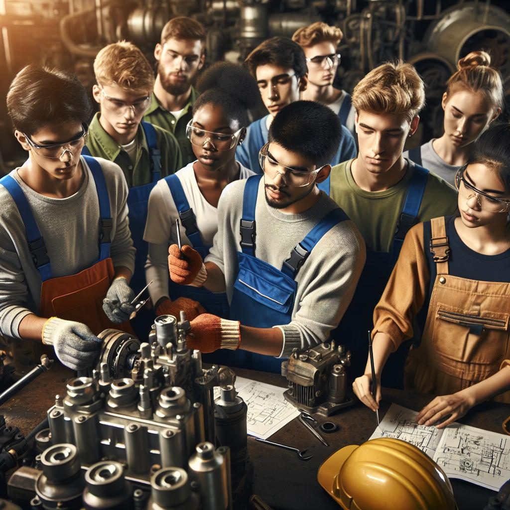 Diesel mechanics students practicing.