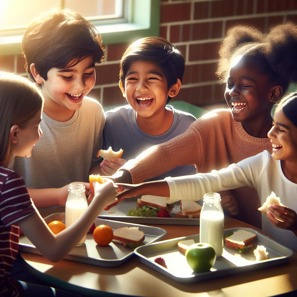 School children eating together.