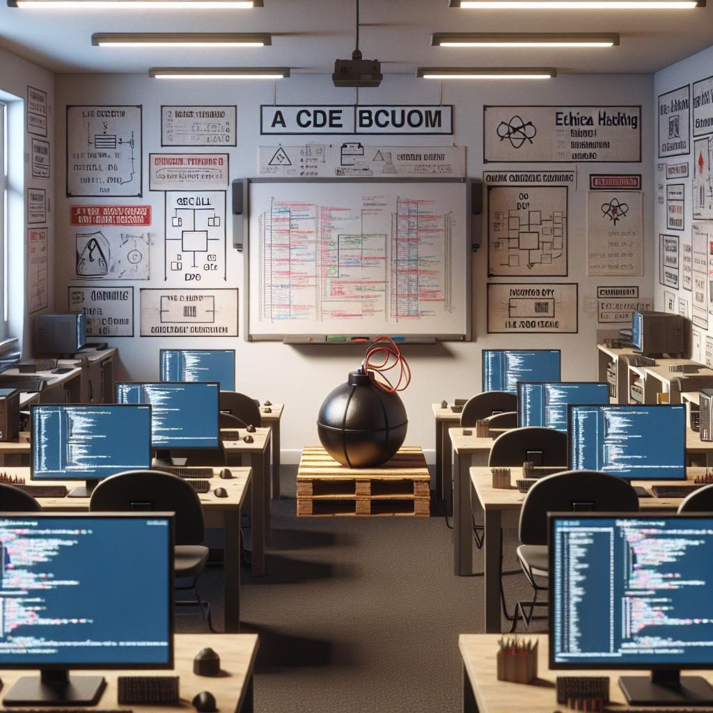 Code-themed classroom with bomb.