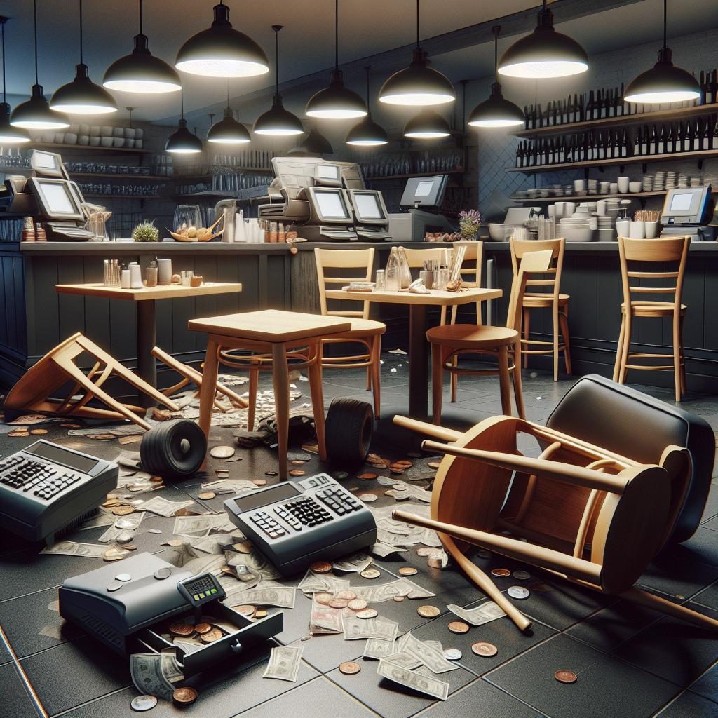 Restaurant burglary aftermath illustration.