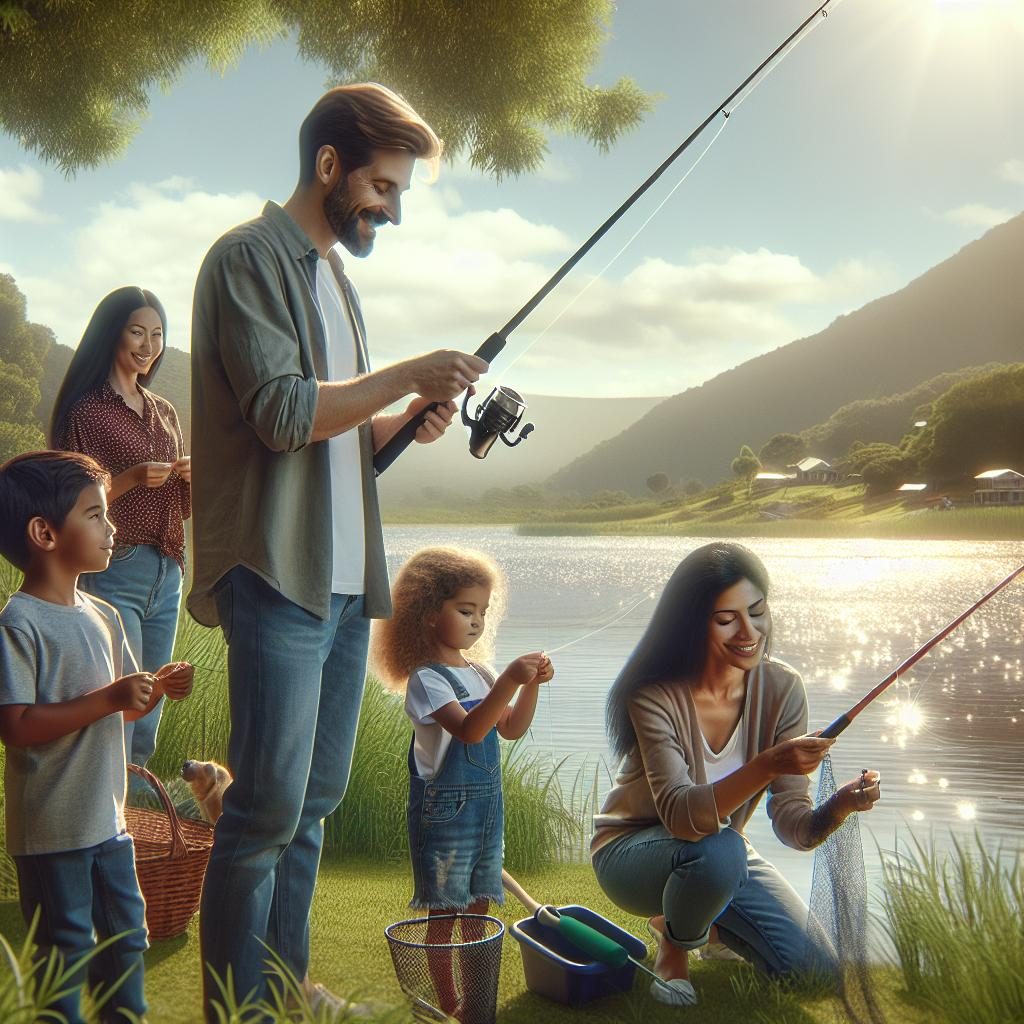 Family fishing by lake