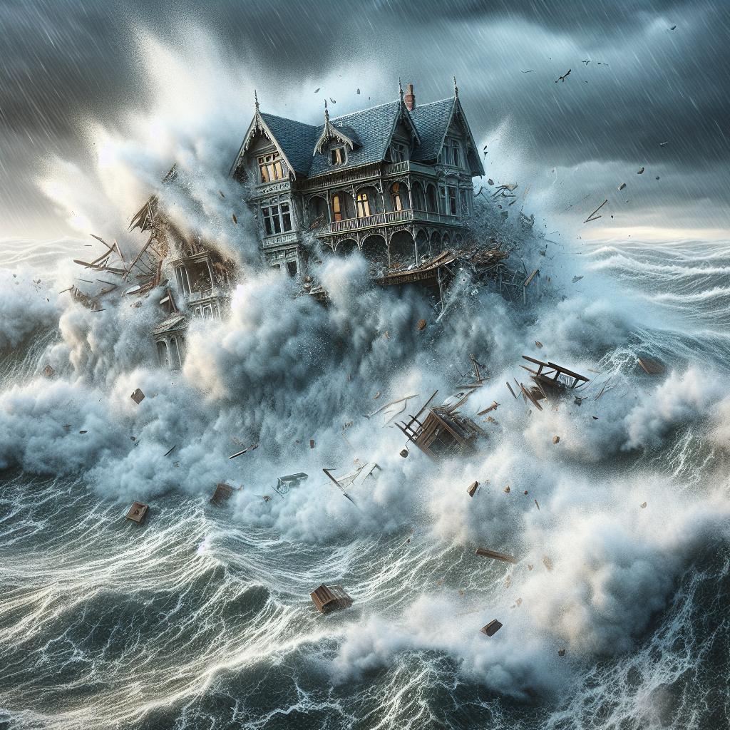 House swept into sea.