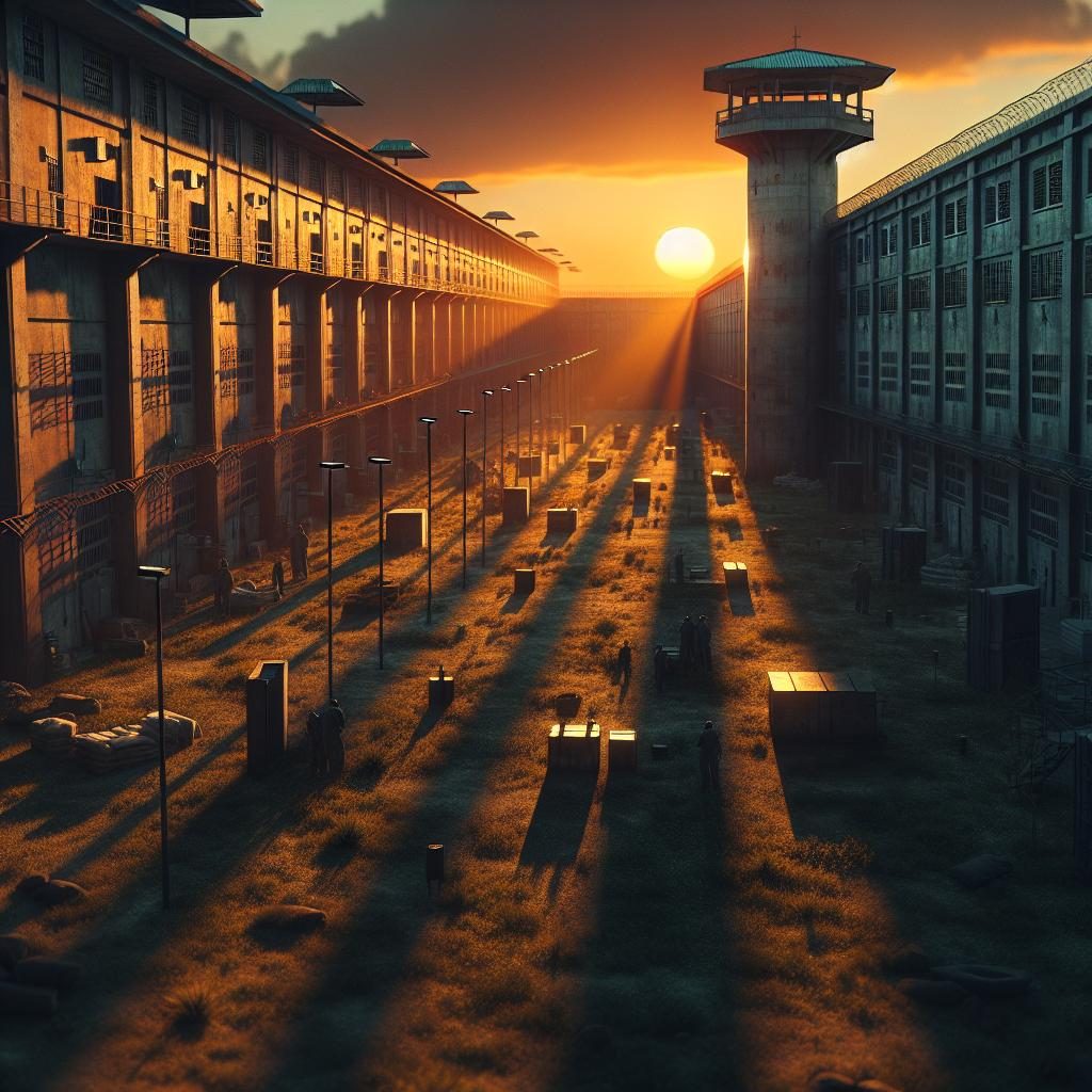 Prison courtyard sunset