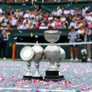 Tennis trophies and celebration confetti on a court.