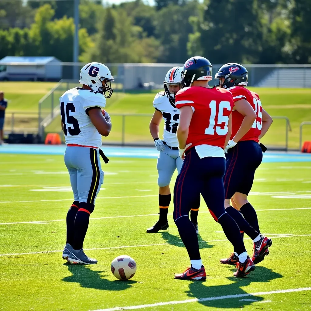 Dynamic action shot of football players strategizing on field.