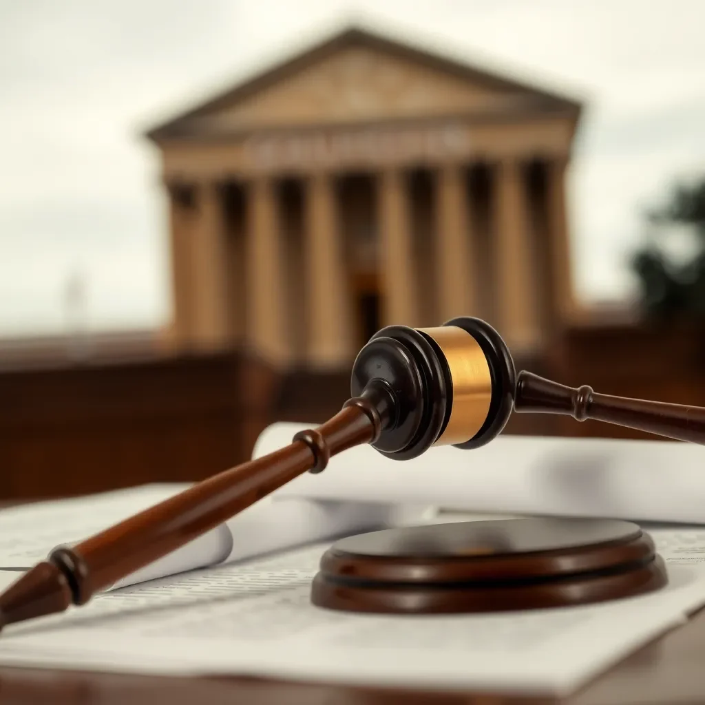 Legal documents and a gavel with a blurred courthouse background.