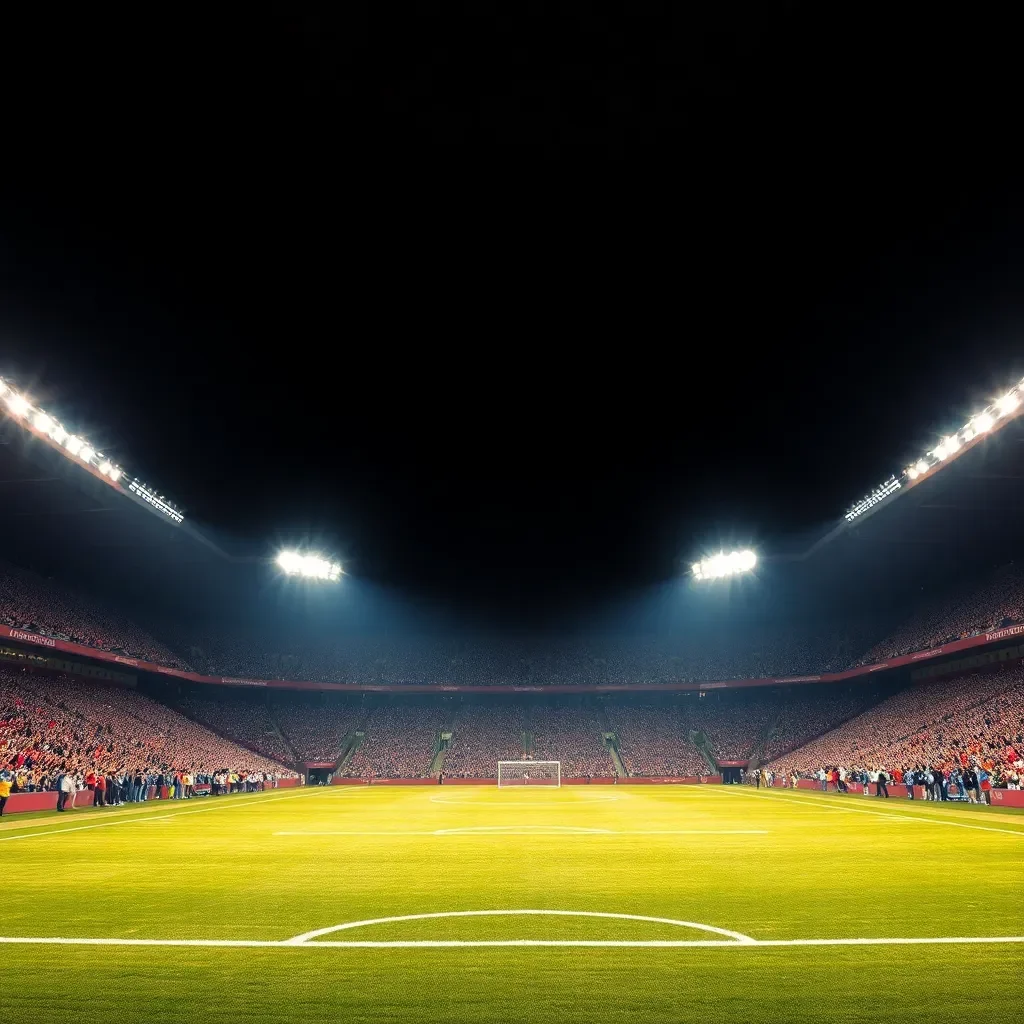 Football field under stadium lights with cheering crowd.