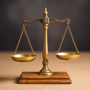 Symbolic scales of justice balancing clemency and punishment.