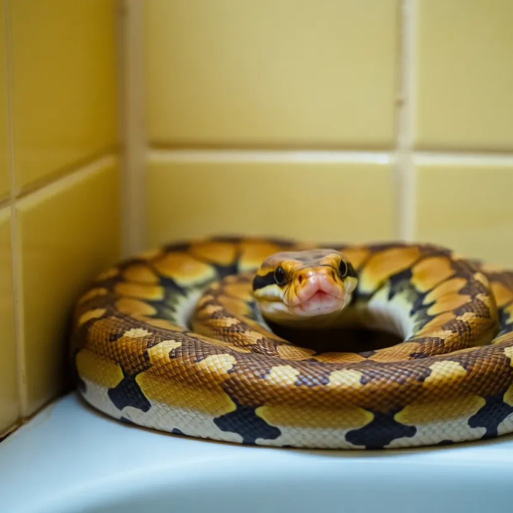 Python calmly resting in a bathroom corner.