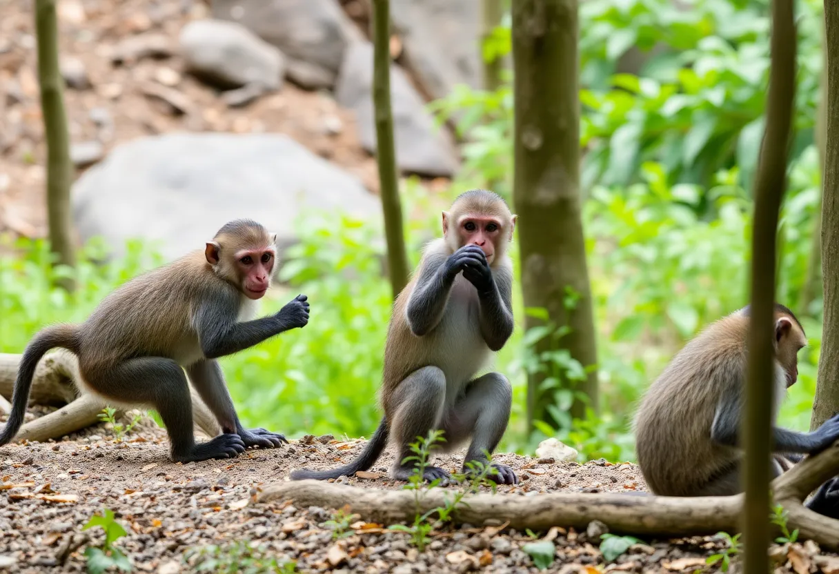 Playful monkeys exploring a natural forest environment.