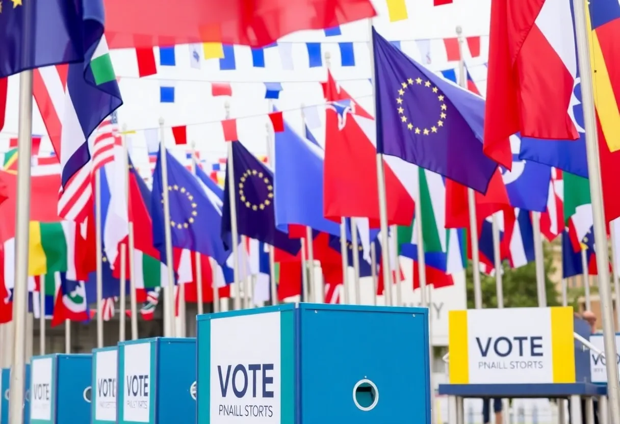 Celebration of democracy with vibrant flags and voting booths.