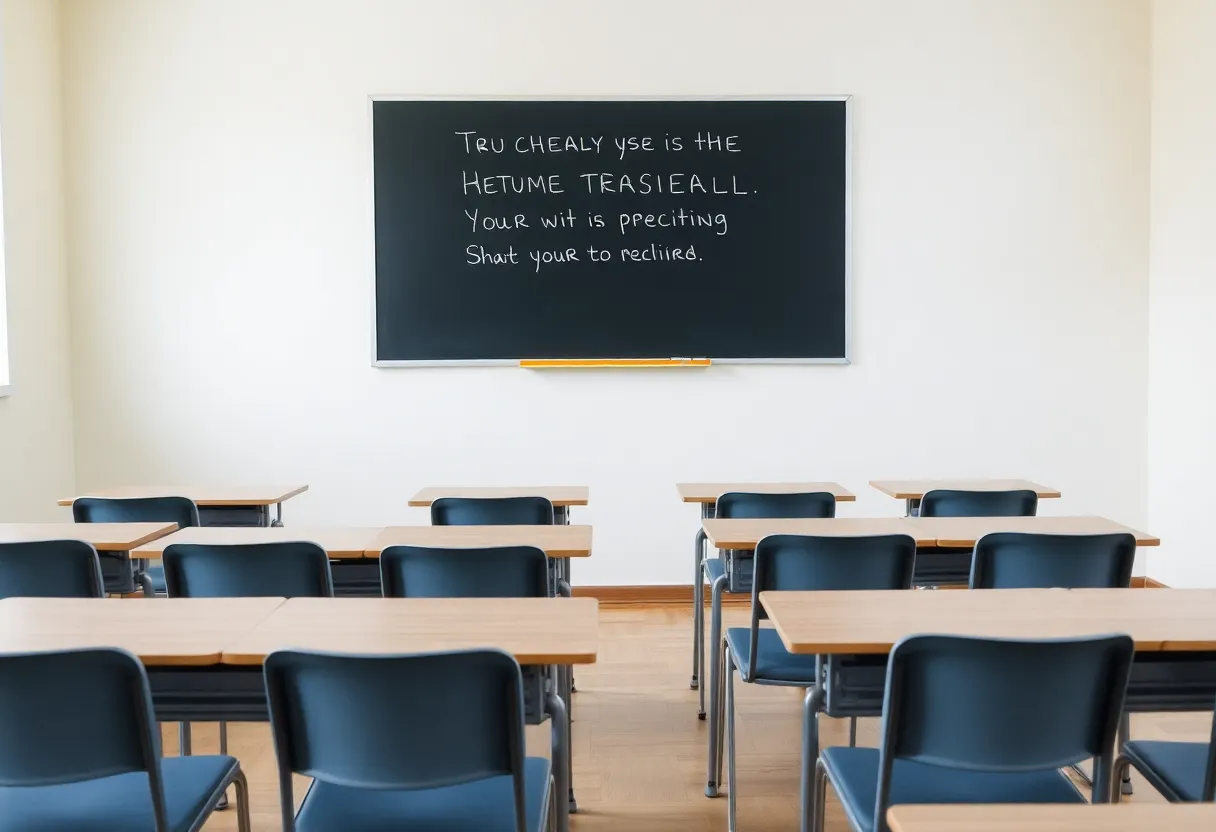 Classroom with empty desks and a chalkboard message.