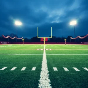 Football field with goalposts and festive playoff decorations.