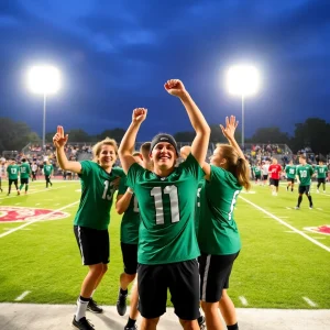 Victory celebration on a vibrant college sports field.