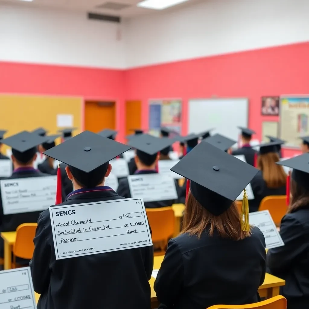 Scholarship checks and graduation caps in vibrant classroom setting.