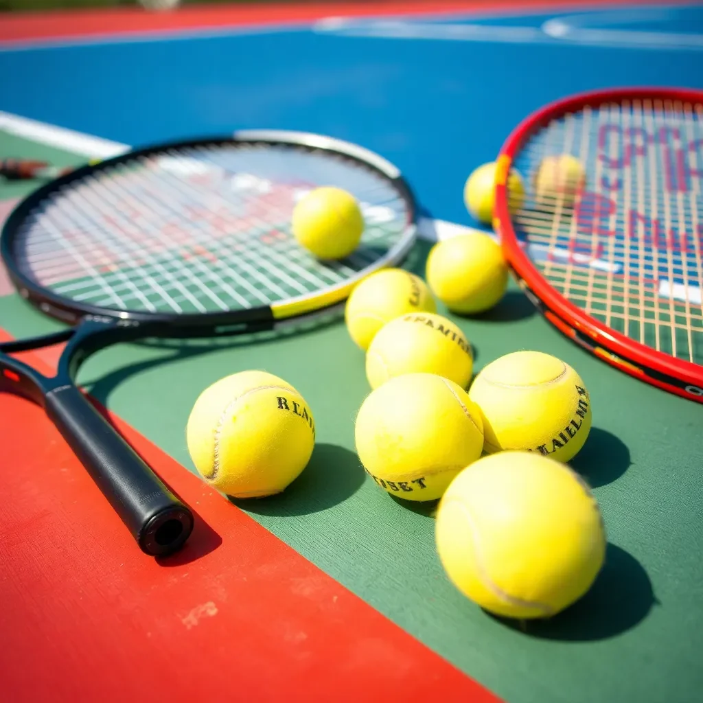 Tennis rackets and balls on a vibrant court surface.