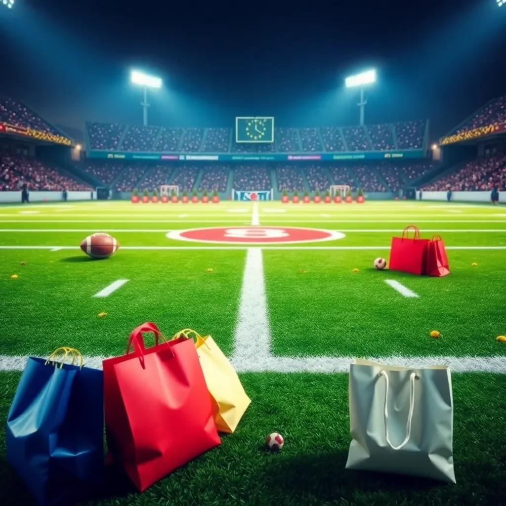 Football field adorned with holiday decorations and shopping bags.