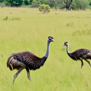 Emus wandering freely in a lush green landscape.