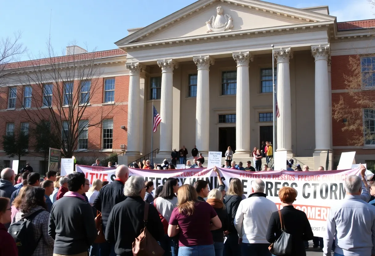 Community gathering in front of a courthouse with banners.