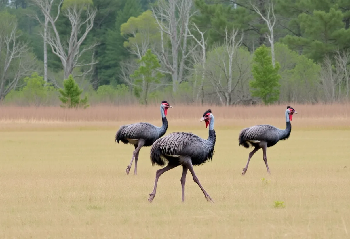 Emus wandering freely in a scenic South Carolina landscape.