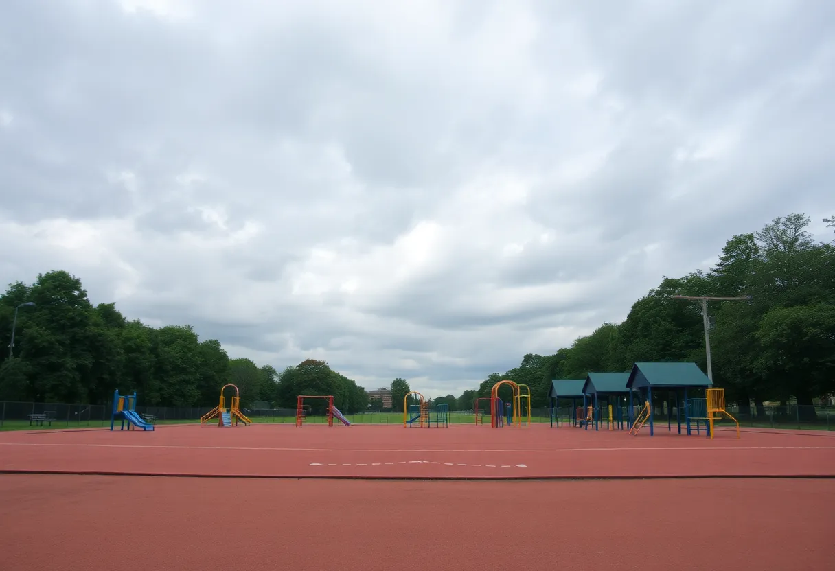 Empty playground with a cloudy sky overhead.