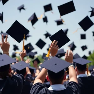 Graduation caps flying in celebration of new opportunities.