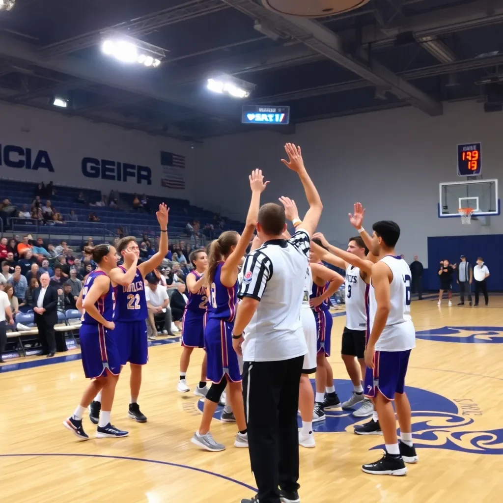 Basketball court with teams celebrating a victory.