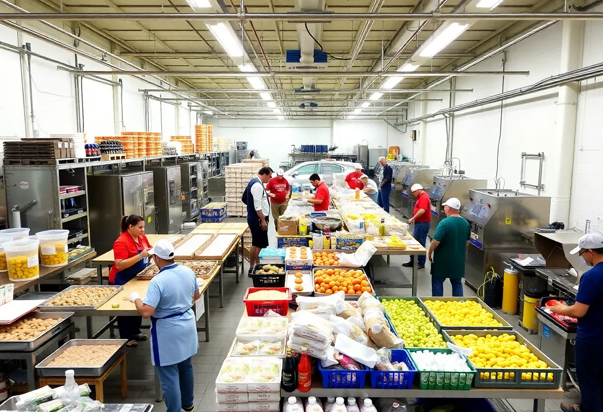 Vibrant food and beverage production facility bustling with activity.