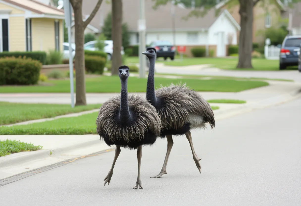 Playful emus wandering through suburban neighborhood streets.