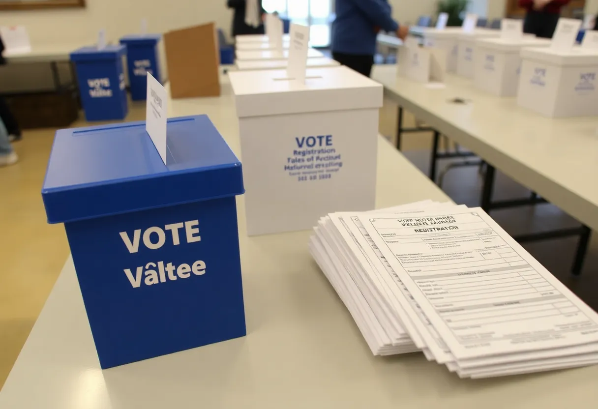 Voter registration forms and ballot boxes on a table.