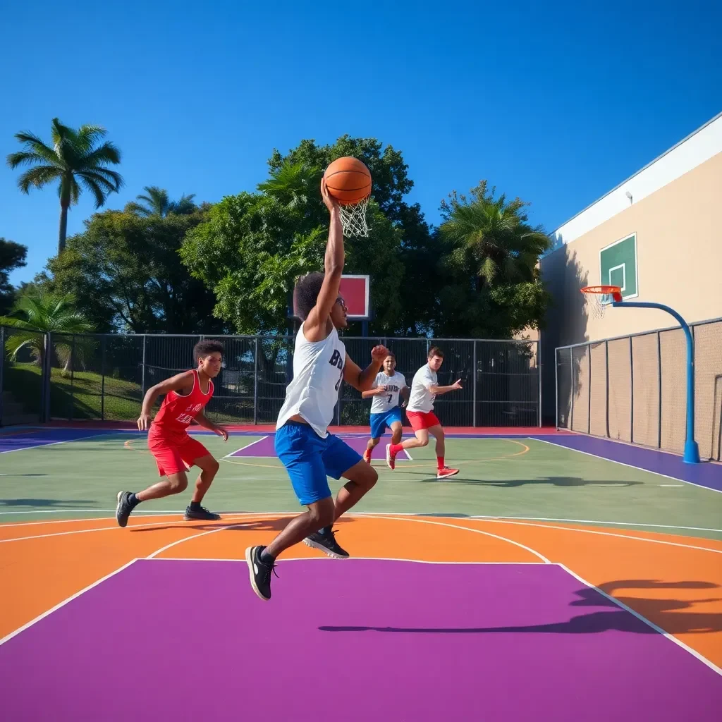 Dynamic basketball action on a vibrant court surface.