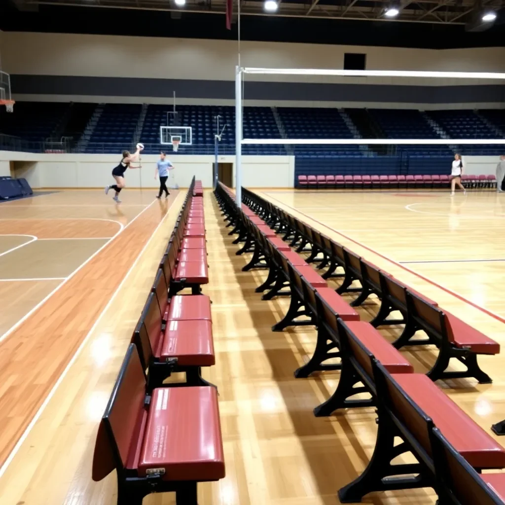 Volleyball court with empty benches after a tournament match.