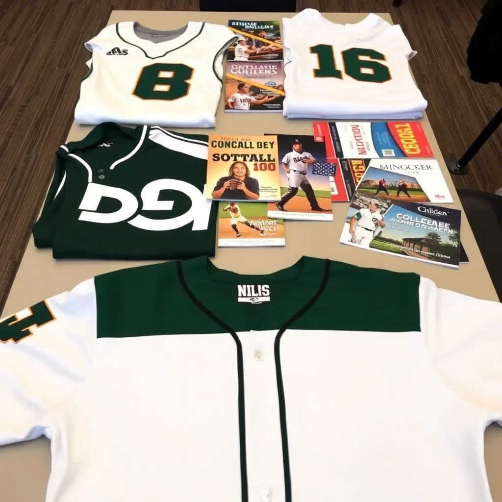 Softball jerseys and college brochures on a table.