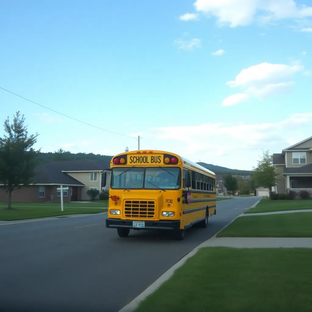 School bus driving through a scenic neighborhood.