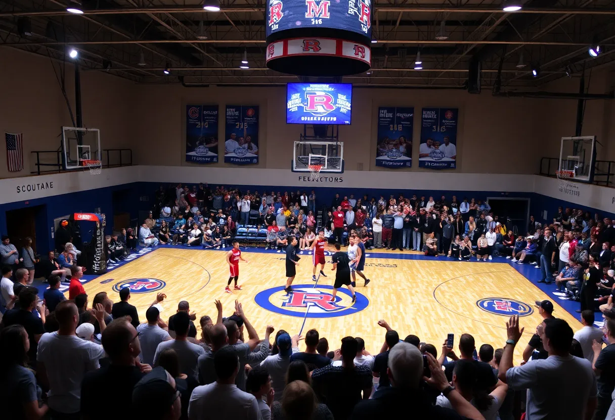 Basketball court showdown with team logos and passionate fans.