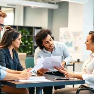 Content marketing team collaborating on strategies in an office