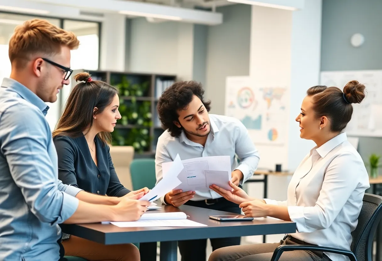 Content marketing team collaborating on strategies in an office