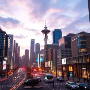 A futuristic view of Seattle with AI technology integrating into marketing strategies