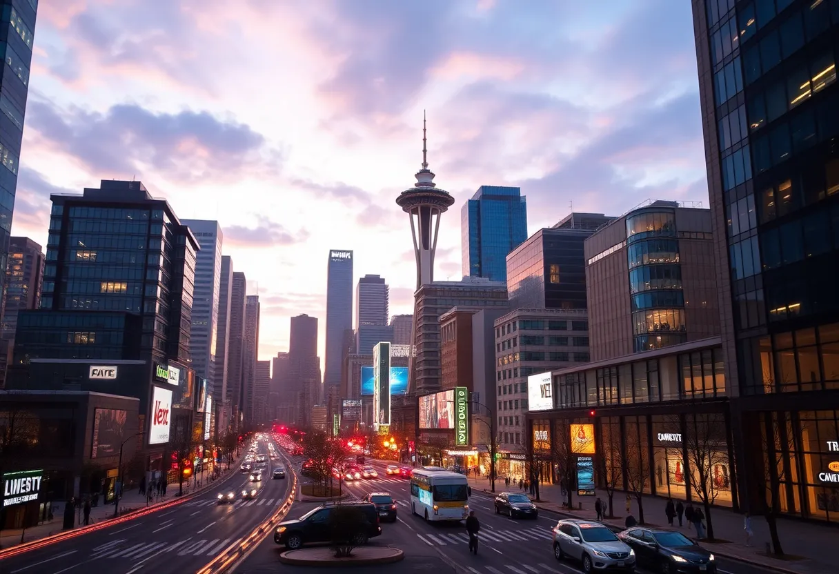 A futuristic view of Seattle with AI technology integrating into marketing strategies