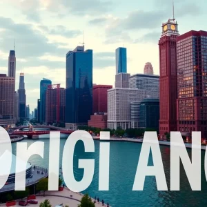 A creative representation of originality in marketing set against the Chicago skyline.