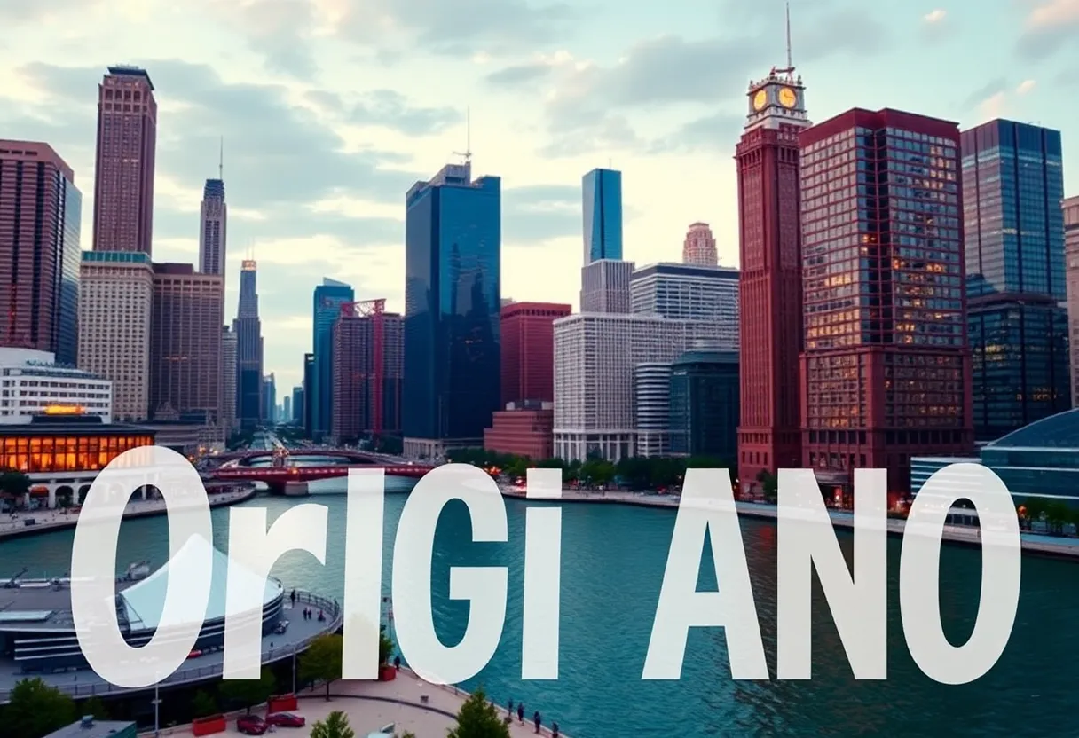 A creative representation of originality in marketing set against the Chicago skyline.