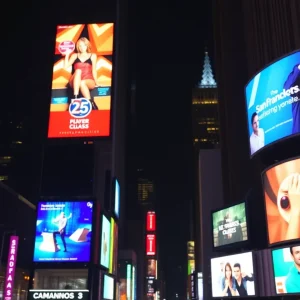 Night view of San Francisco showcasing vibrant TV advertisements