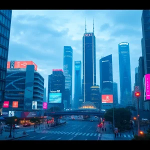 A futuristic city showcasing advanced social media technologies