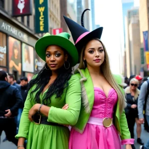 Cynthia Erivo and Ariana Grande in green and pink outfits promoting Wicked film release.