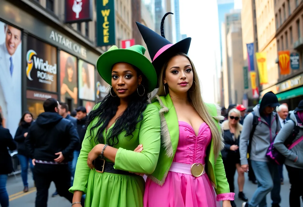 Cynthia Erivo and Ariana Grande in green and pink outfits promoting Wicked film release.