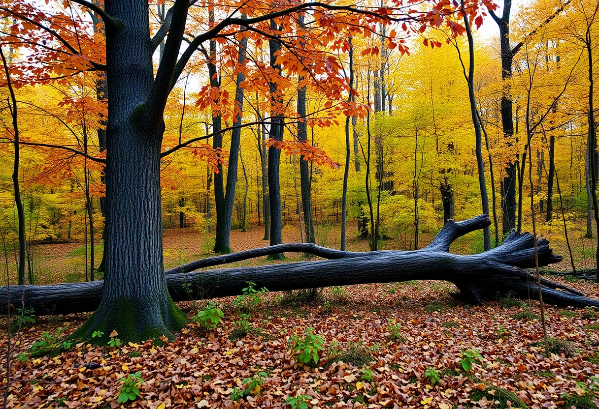 Autumn forest with a fallen tree stand in background.