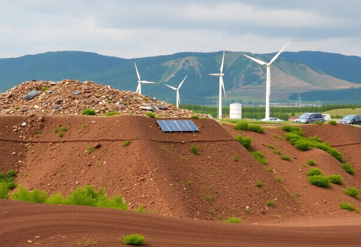 Eco-friendly landfill with renewable energy infrastructure visible.