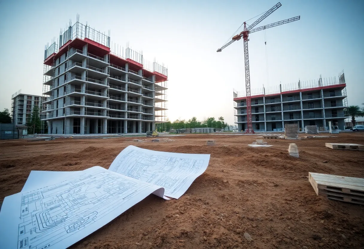 Construction site with halted progress and open blueprints.