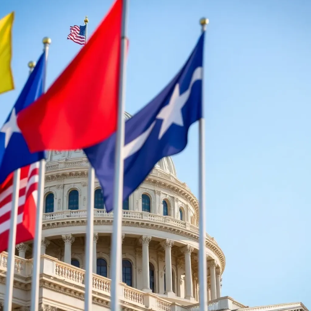 State capitol building with flags waving in tension.