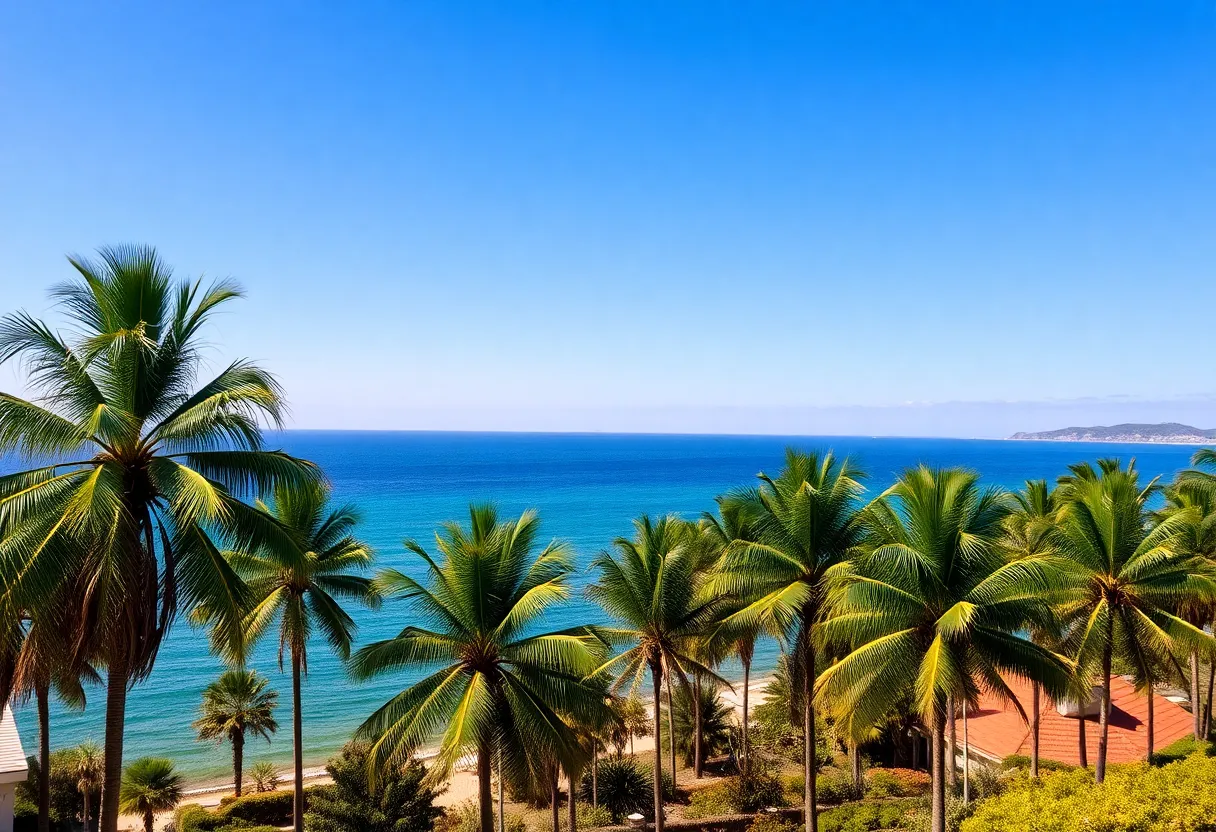 Sunny coastal landscape with palm trees and blue skies.